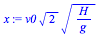 `*`(v0, `*`(`^`(2, `/`(1, 2)), `*`(`^`(`/`(`*`(H), `*`(g)), `/`(1, 2)))))